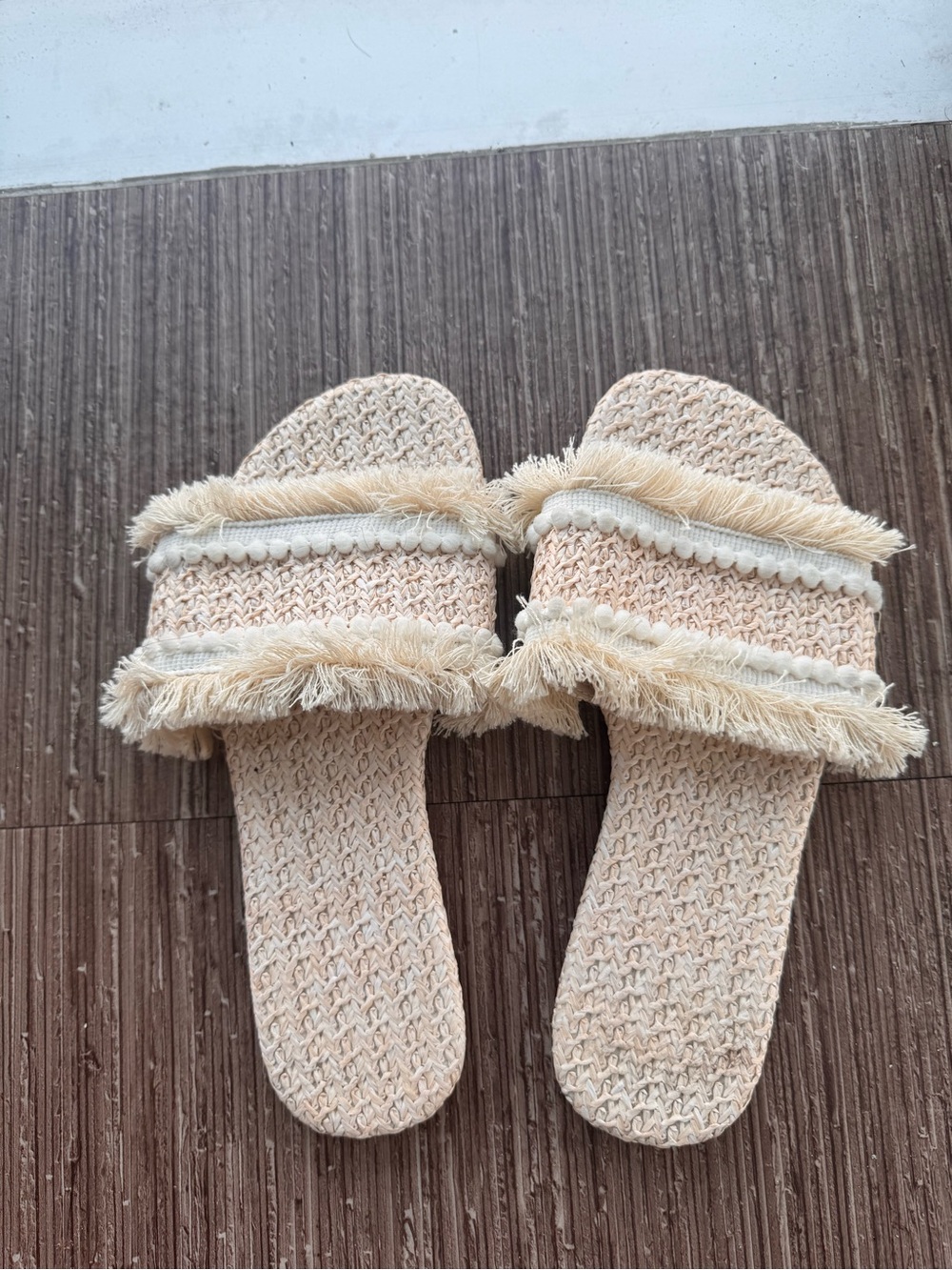 SHEIN Beige Woven Fringe Slide Sandals